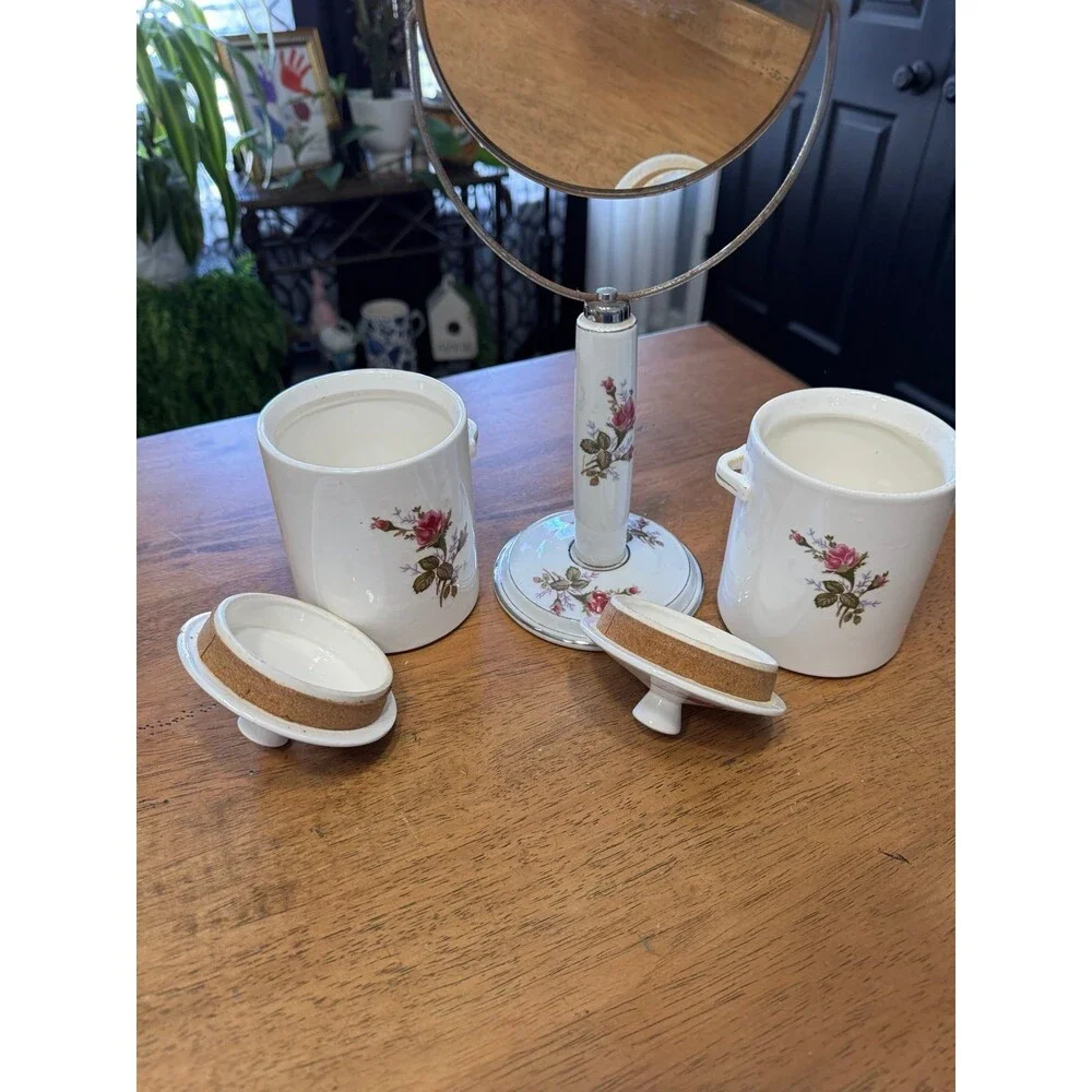 Vintage Moss Rose Vanity swivel Mirror & 2 Jars with lids